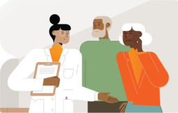 Illustration of a female doctor talking to an older African American couple, the AZUR Study for adults with colon cancer